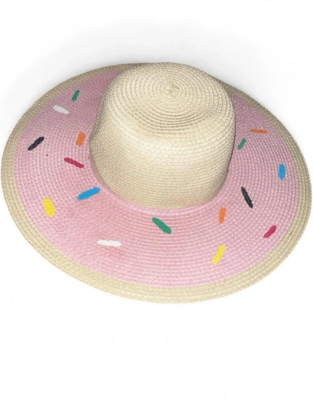 Wide Brim Straw Sun Donut  Beach Hat with Pink Sprinkles